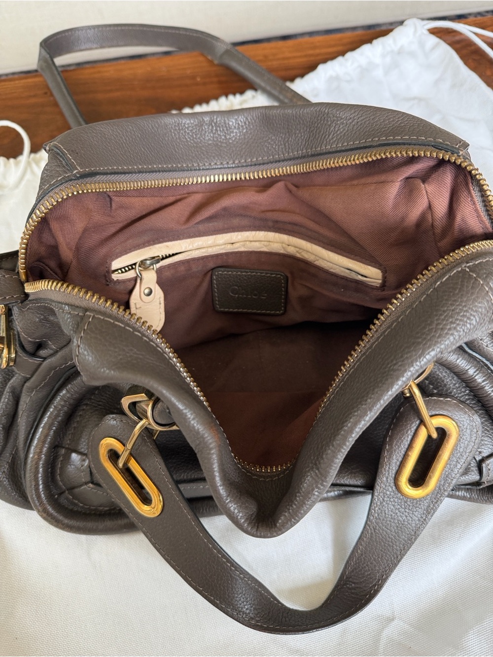 Chloé Paraty Medium Leather Satchel Shoulder Bag Grey/Brown Gold Hardware - Picture 6 of 9